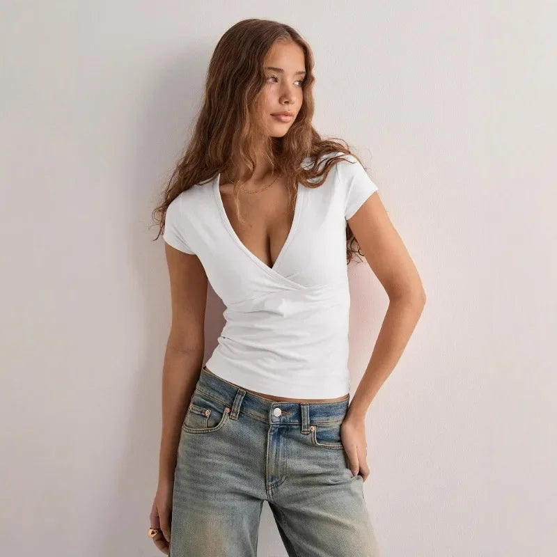 2025 Summer Women T-shirts V-neck Slim Fit Short Sleeve Solid Color Casual Top Ladies Clothing Female Fashion Trendy Pro Choice