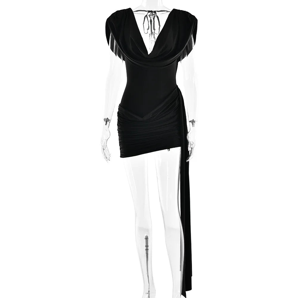 Summer Women's Deep V-Neck Pleated Slim Fit Hip Hugging Dress Sexy Hanging Neck Design Casual Fashionable Gown