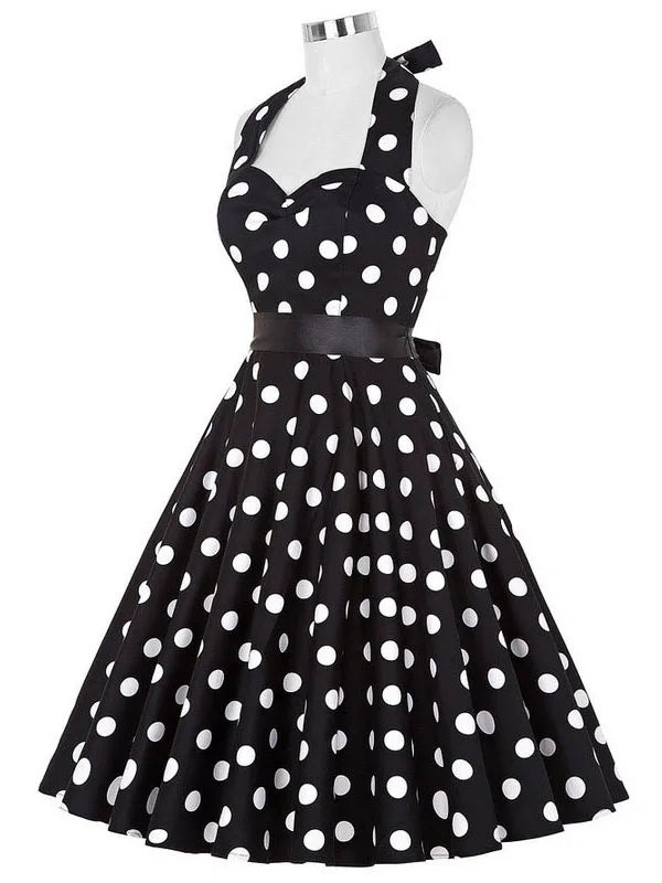 Polka Dot Dress Women Vintage Swing Halter Belt 50s 60s Rockabilly Prom Party Dresses Retro Feminino Vestidos