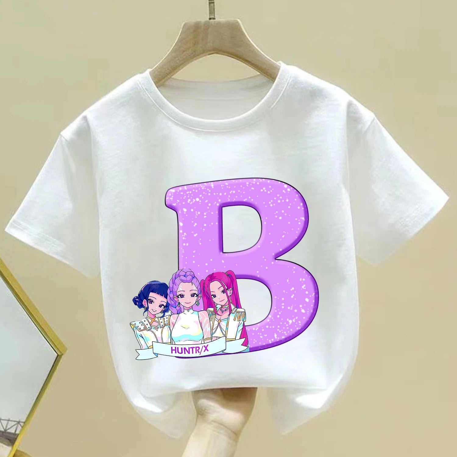 KPop Demon Hunters T-shirt for Children Cartoon A-Z Letters Tee Top White Round Collar Clothes Kids Short Sleeve Clothing Gift