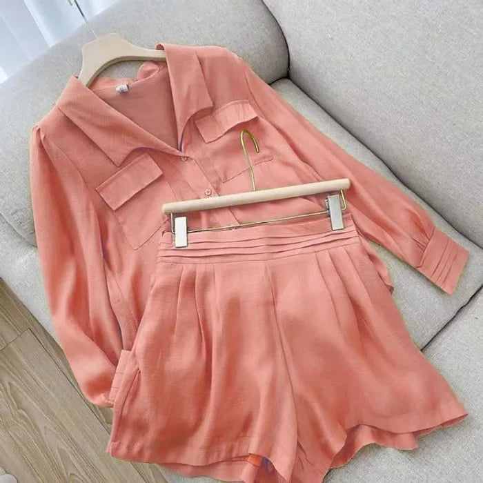 New Sports Suit Casual Fashion Loose Pocket Single-breasted Suit Top Shirt Lapel Solid Color Shorts Two-piece Set