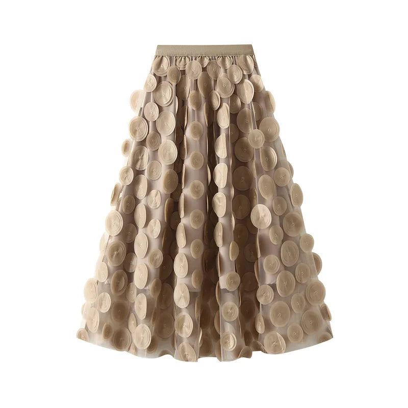 Autumn Winter 3D Circular Applique Mesh Long Skirts 2024 Korean Fashion Hepburn Style High Waist A-LINE Skirt