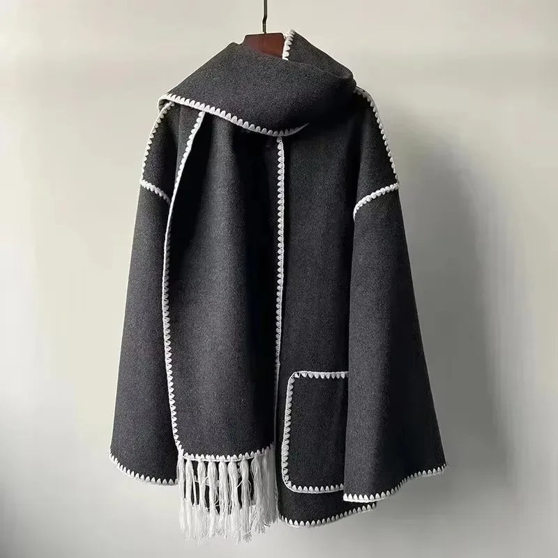 Winter Woolen Jacket New Contrast Color Embroidery Scarf Coats for Women