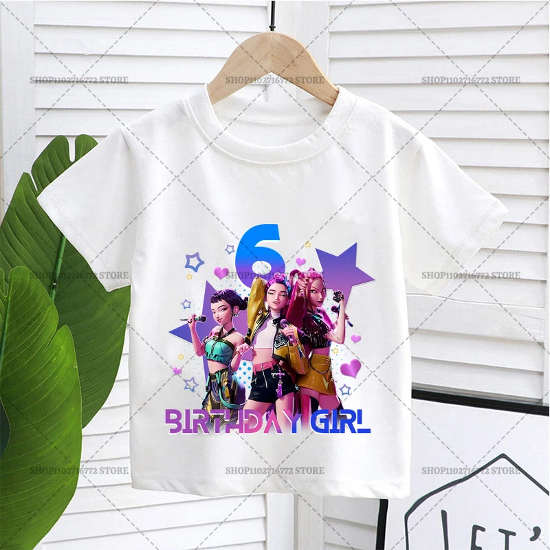 Cartoon Huntrix Number T-shirt Cute Birthday Top Girl Tee Summer Short Sleeve Cotton Boutique Child Clothing Kpop Demon Hunters