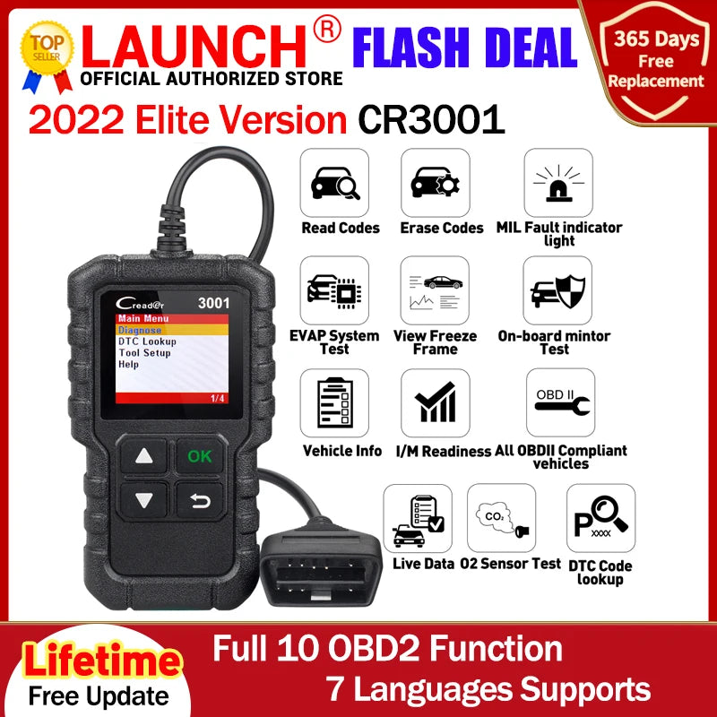 Launch X431 CR3001 Supporta la funzione OBDII/EOBD completa Strumento diagnostico Creader 3001 Lettore di codici multilingue PK CR319 OM123