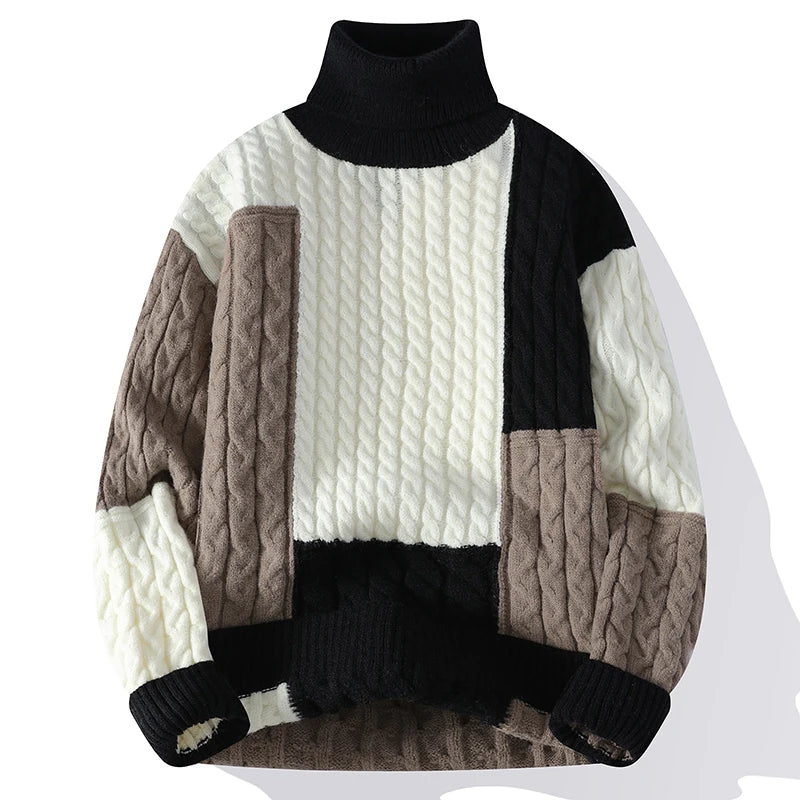 Winter New Contrast Color Turtleneck Sweaters Men's Thicken Warm Knitting Pullovers Loose Comfortable Casual Knitwear