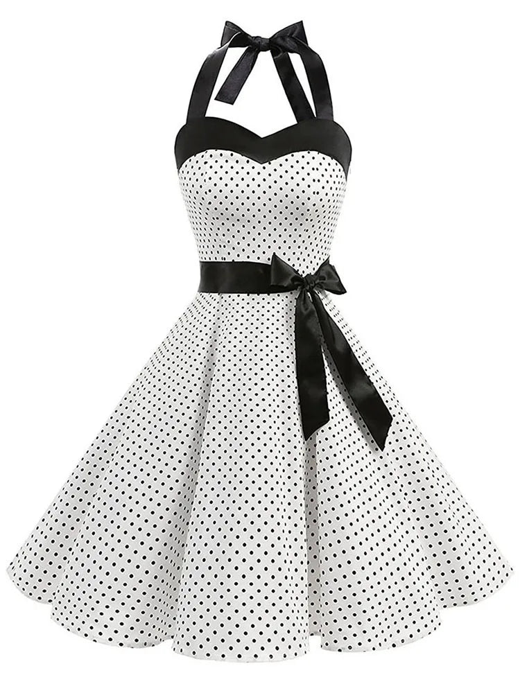 Polka Dot Dress Women Vintage Swing Halter Belt 50s 60s Rockabilly Prom Party Dresses Retro Feminino Vestidos