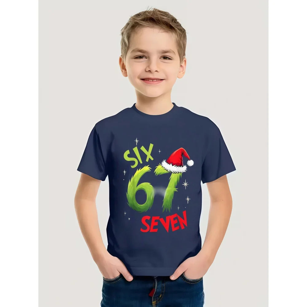 Fun Boys' Six Seven 67 Christmas Snowflake Print T-Shirt Casual O-Neck Short Sleeve Tee Fashion Short Sleeve Kids Clothes Boys