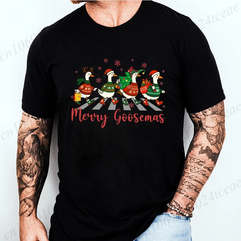 Christmas Family T Shirt for Men Women Funny Goose Group Matching Christmas Print Men Top Graphic Fashion Design T-Shirt Casual