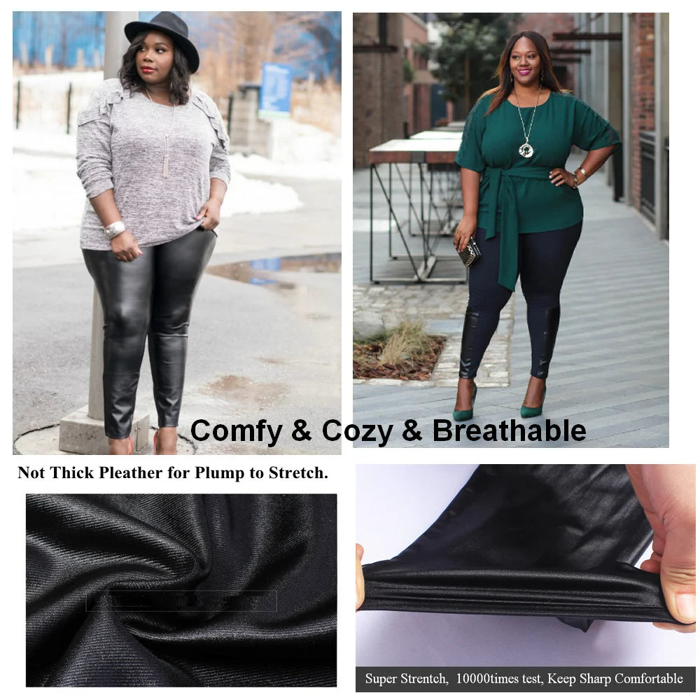 Shiny Plus Size Leggings Black 2X 3X Super Stretch Spandex Clothing PU Leather Pant Tummy Control Oversized Faux Leather Legging