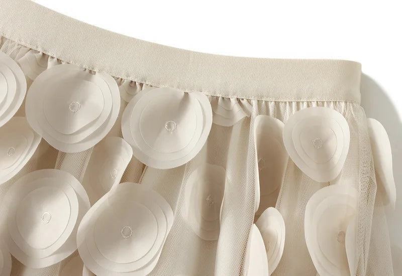 Autumn Winter 3D Circular Applique Mesh Long Skirts 2024 Korean Fashion Hepburn Style High Waist A-LINE Skirt