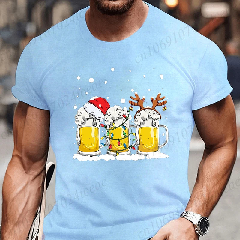 Tshirt Beer Christmas with Santa Reinbeer Xmas Lights Humor T Shirt Camiseta Christmas Party T Shirts Tops Streetwear T-shirts