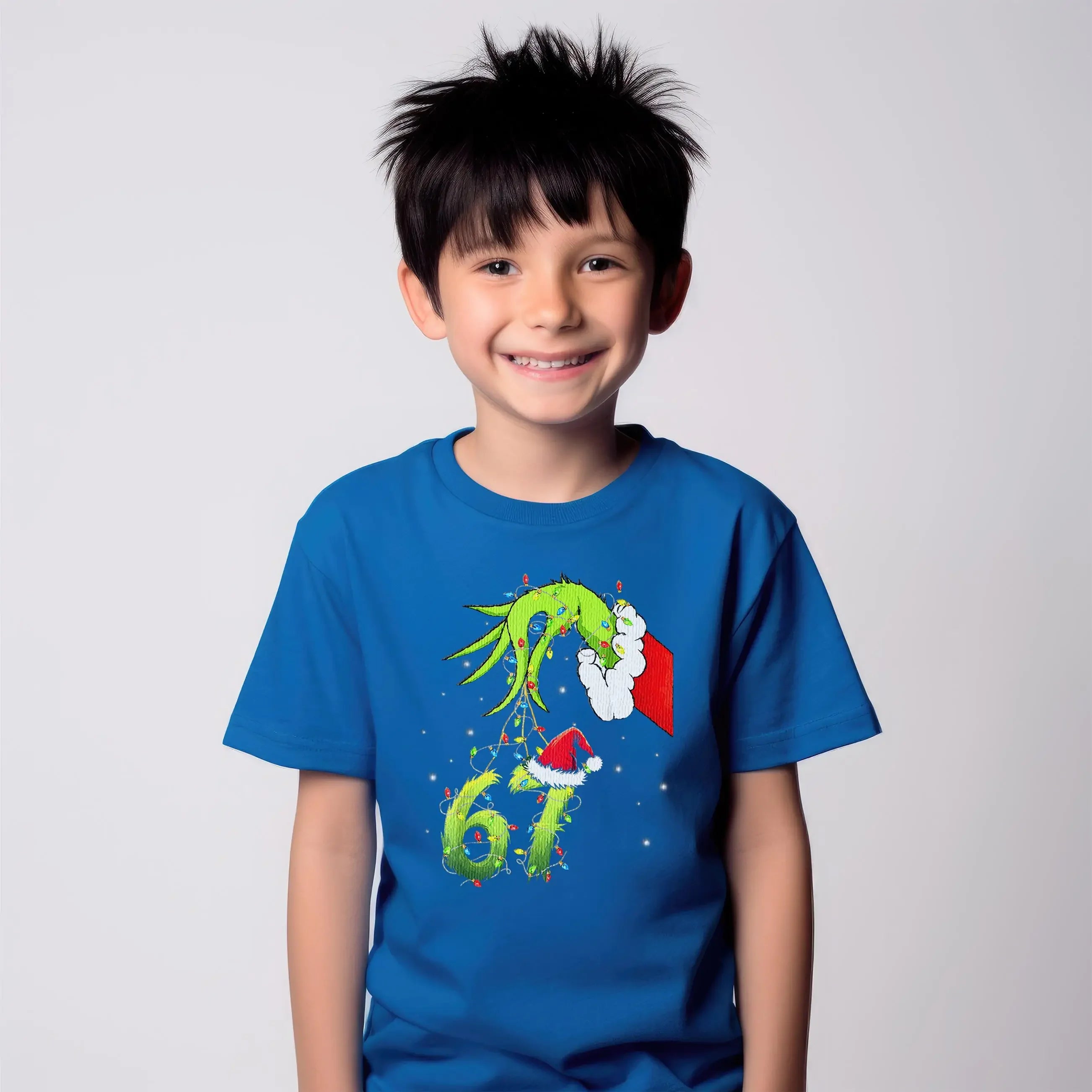 Kids' Version "Grimm's Hand 67" Emoji T-shirt Fun "67" Christmas T-shirt Grinch Christmas Light Shirt Children's Holiday Gift