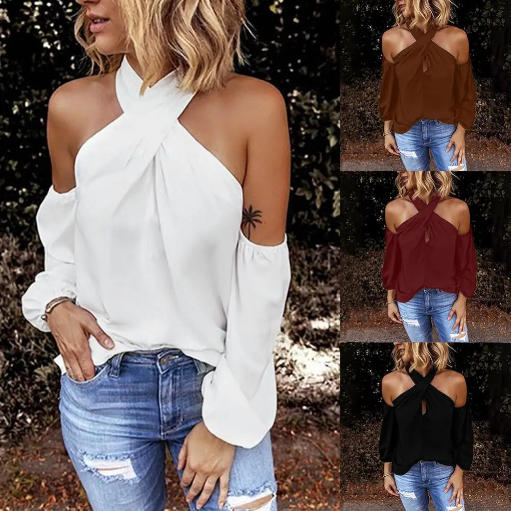 Women Camis Solid Color Long Sleeve Tanks Sexy Halter Off Shoulder Back Zipper Blouse Top Female Clothing For Daily Commuting