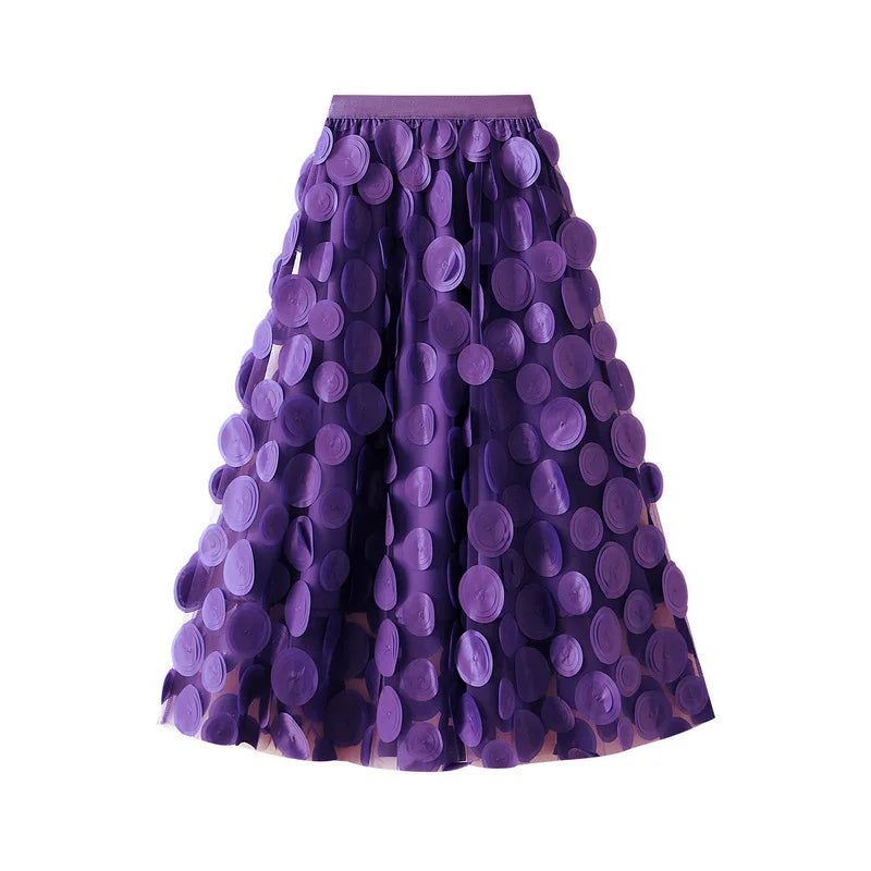 Autumn Winter 3D Circular Applique Mesh Long Skirts 2024 Korean Fashion Hepburn Style High Waist A-LINE Skirt