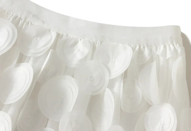 Autumn Winter 3D Circular Applique Mesh Long Skirts 2024 Korean Fashion Hepburn Style High Waist A-LINE Skirt