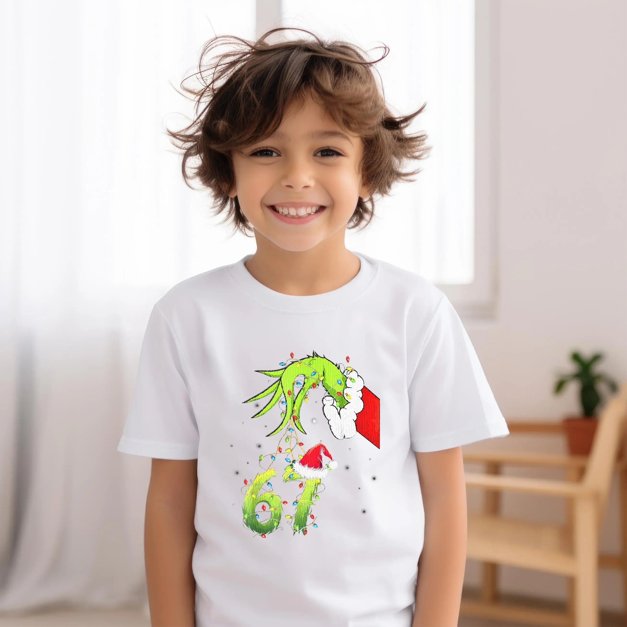 Kids' Version "Grimm's Hand 67" Emoji T-shirt Fun "67" Christmas T-shirt Grinch Christmas Light Shirt Children's Holiday Gift