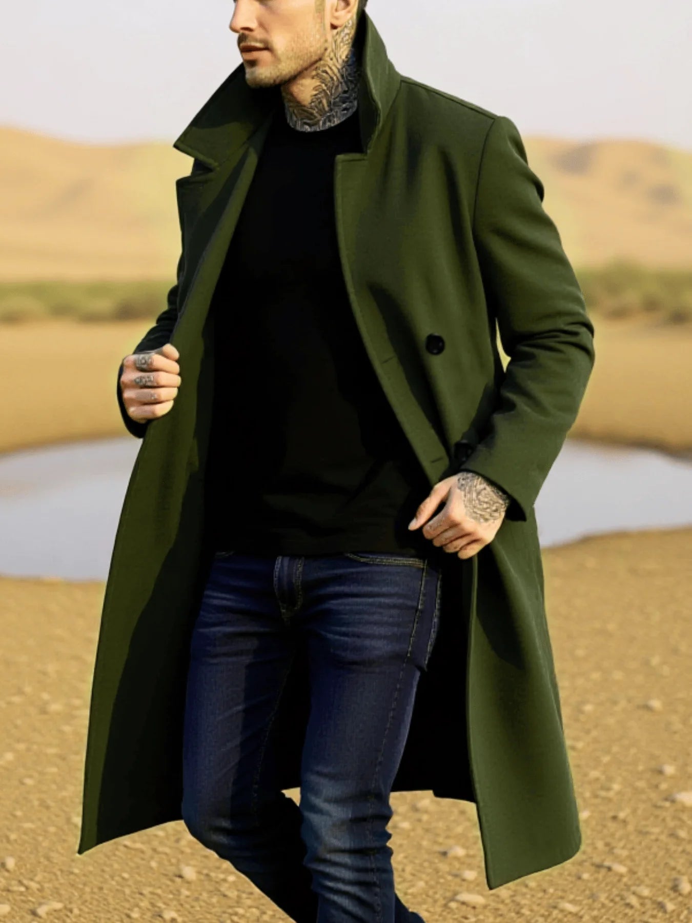 Winter Essential Trench! Men's Wool Coat with Lined Thermal Fabric: Classic Trench Style, Solid Jacket, Travel Ready!