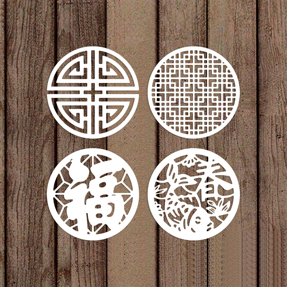 Happy New Year Words Nesting Round Metal Cutting Dies Flower Dragon Chinese Element for DIY Window Decoration Paper Craft