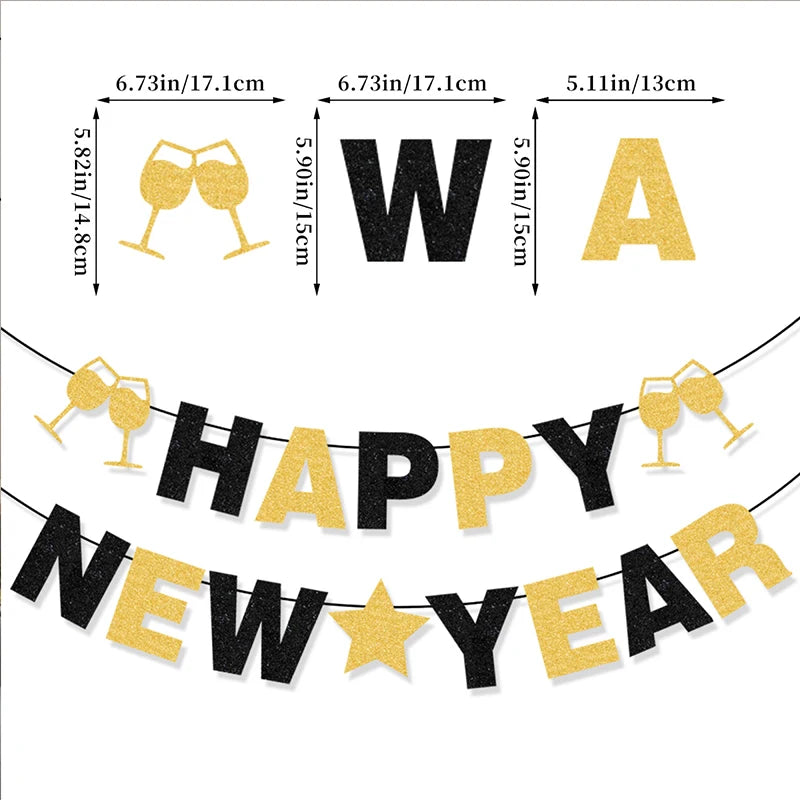 2026 Happy New Year Banner, Black and Gold with Glitter and Wine Glasses,New Year Party Decoration