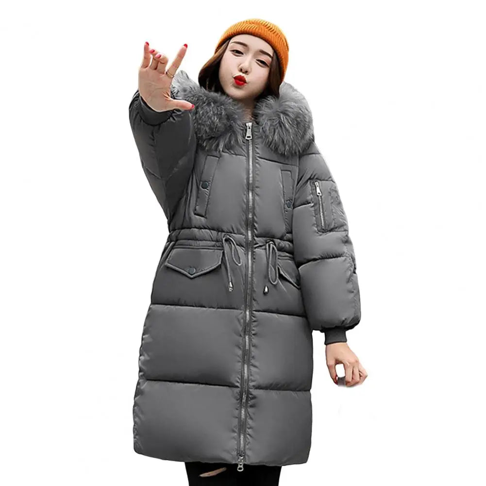 Winter Overcoat Down Coat Jacket Women Fur Furry Hood Thickened Padded Drawstring Waist Zipper Mid Length Cotton Coat