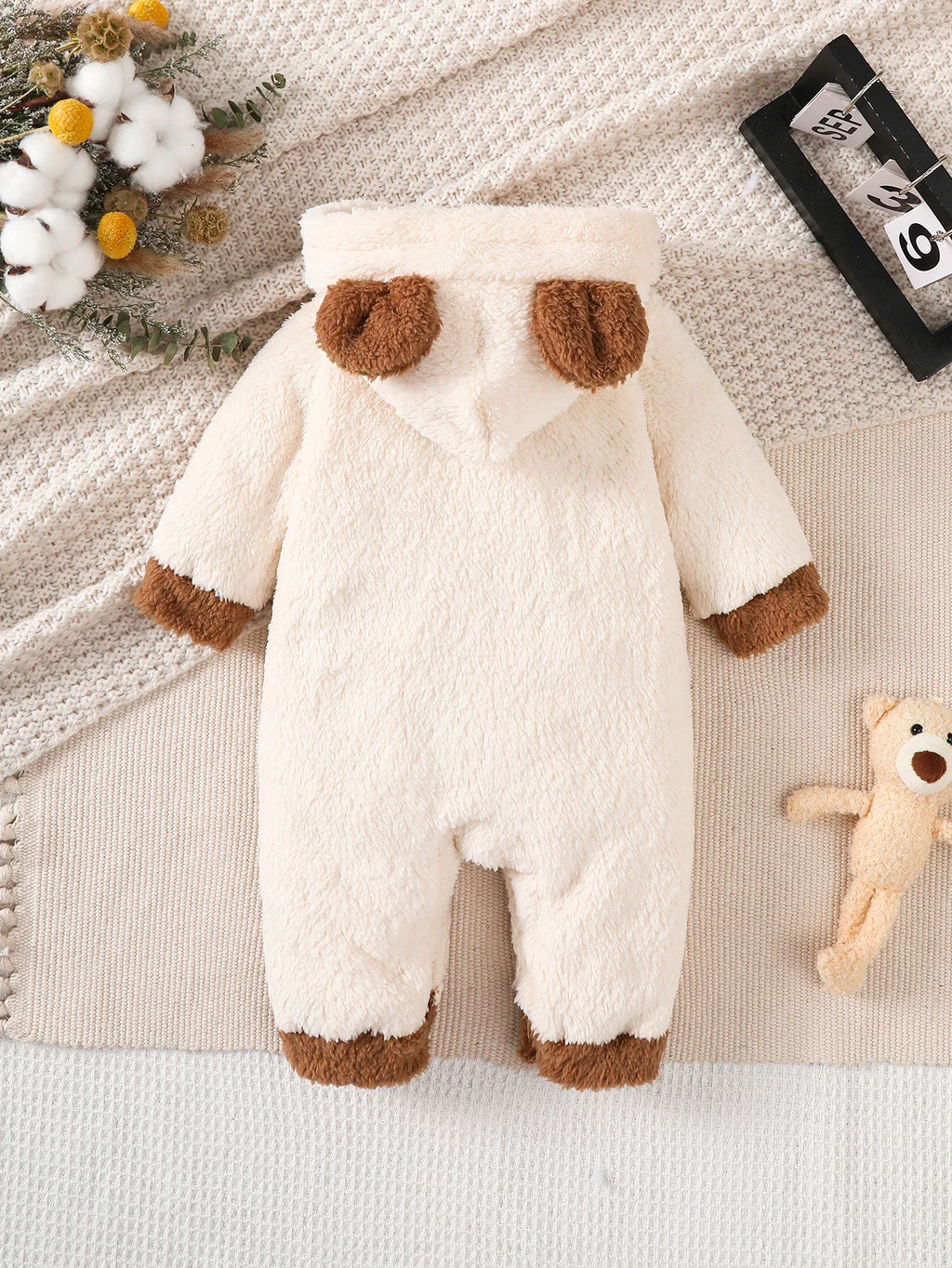 Winter  0-1  Years  Old  Infant  Baby  Boys  Bear   Print   Hooded   jumpsuit