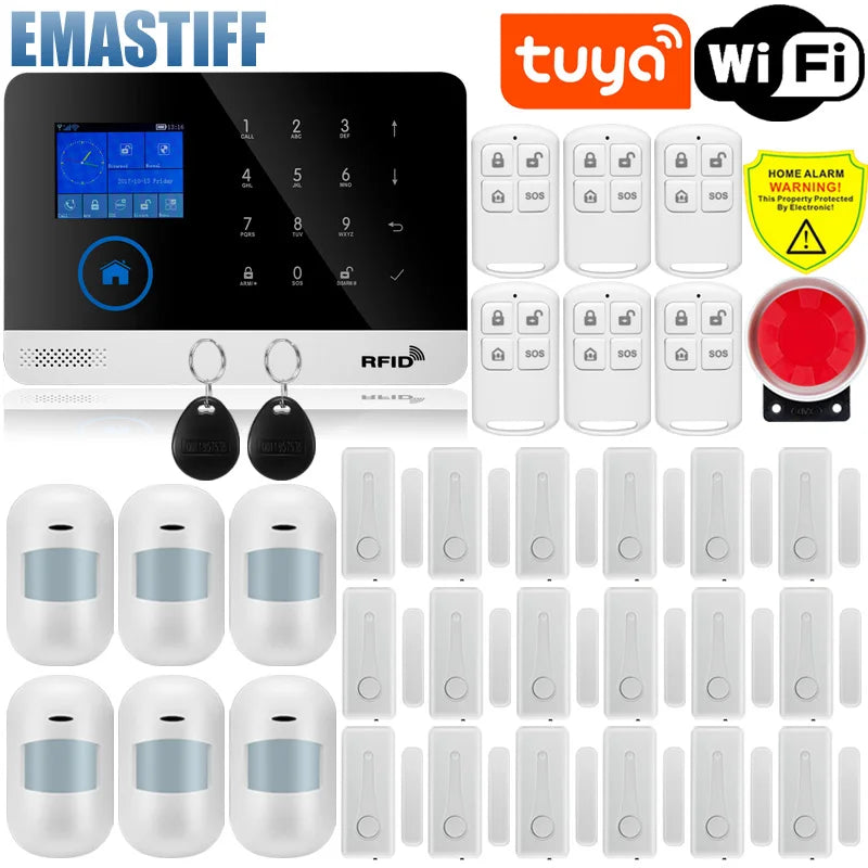 Wireless Tuya APP SIM GSM Home RFID Burglar Security LCD Touch Keyboard WIFI GSM Alarm System Sensor kit Russian,Spanish Voice