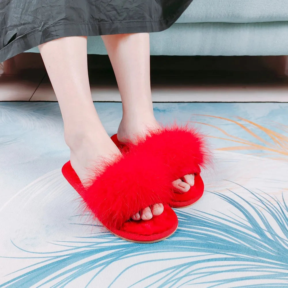 FAYUEKEY Spring Summer Winter Home Cotton Fluffy Plush Fur Slippers Women Wedding Floor Bedroom Flat Shoes