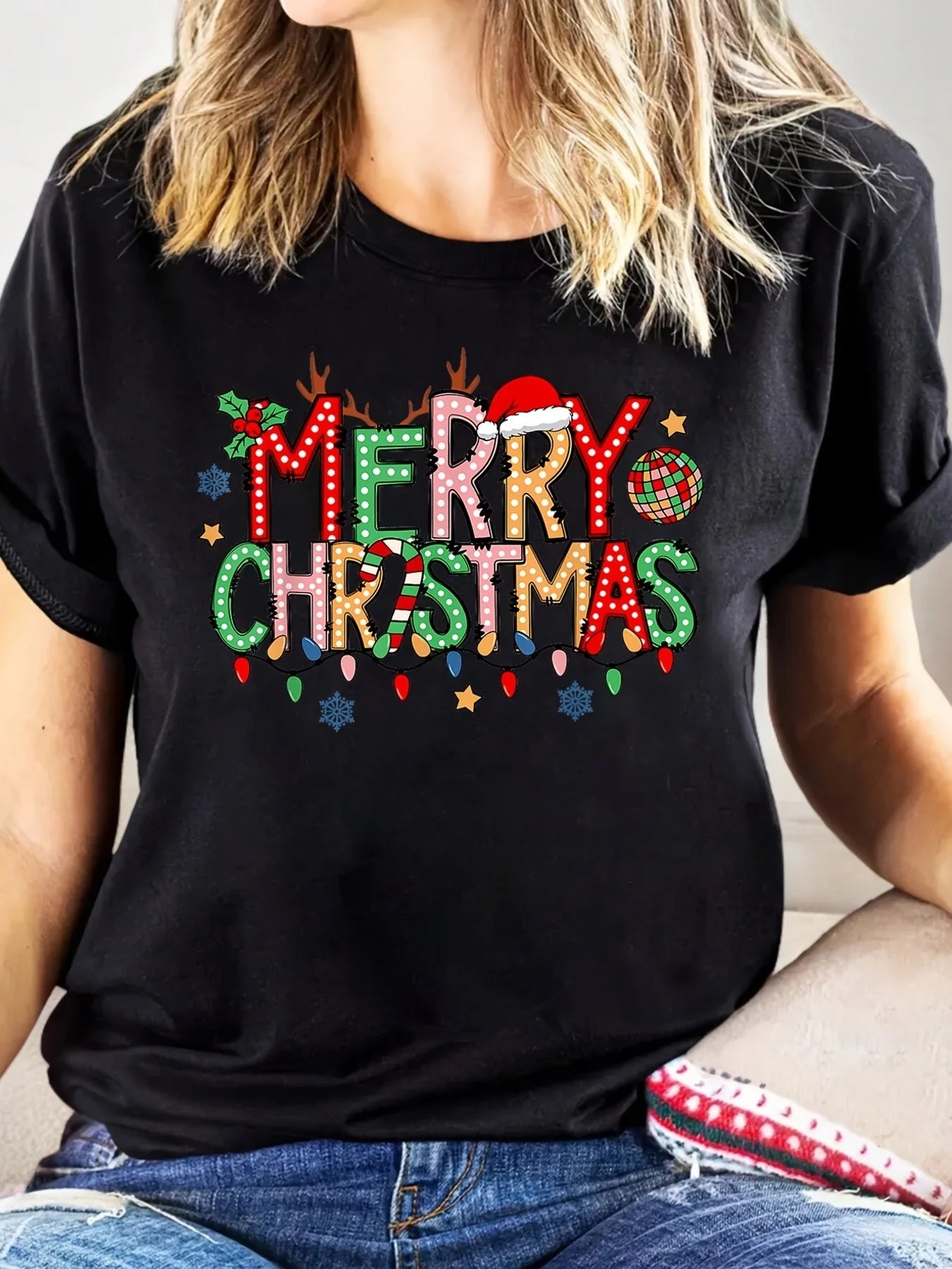 Women's Christmas Family Print T-Shirt Sleeve Crew Neck Casual with Festive "Merry Christmas" Lettering Holiday Motifs