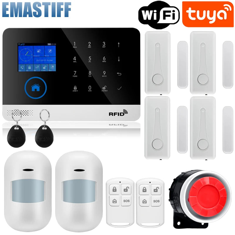 Wireless Tuya APP SIM GSM Home RFID Burglar Security LCD Touch Keyboard WIFI GSM Alarm System Sensor kit Russian,Spanish Voice