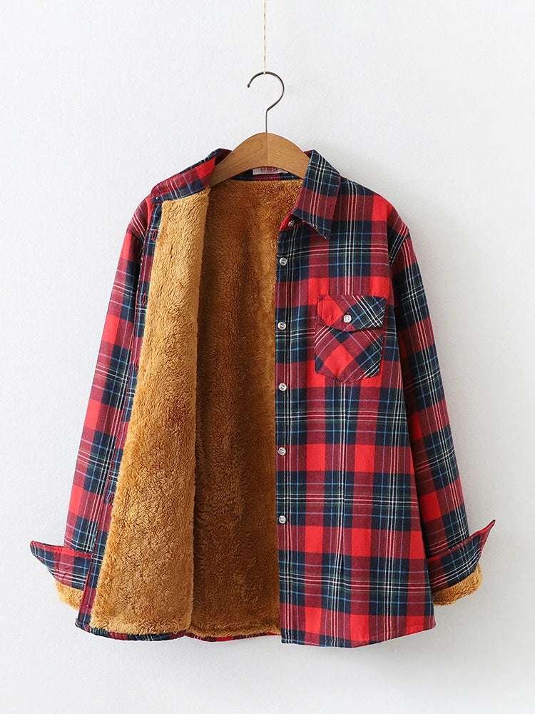 Velvet Thick Warm Women's Plaid Shirt Female Long Sleeve Tops M-5XL Winter Fleece Casual Check Blouse Autumn Clothes T77710A