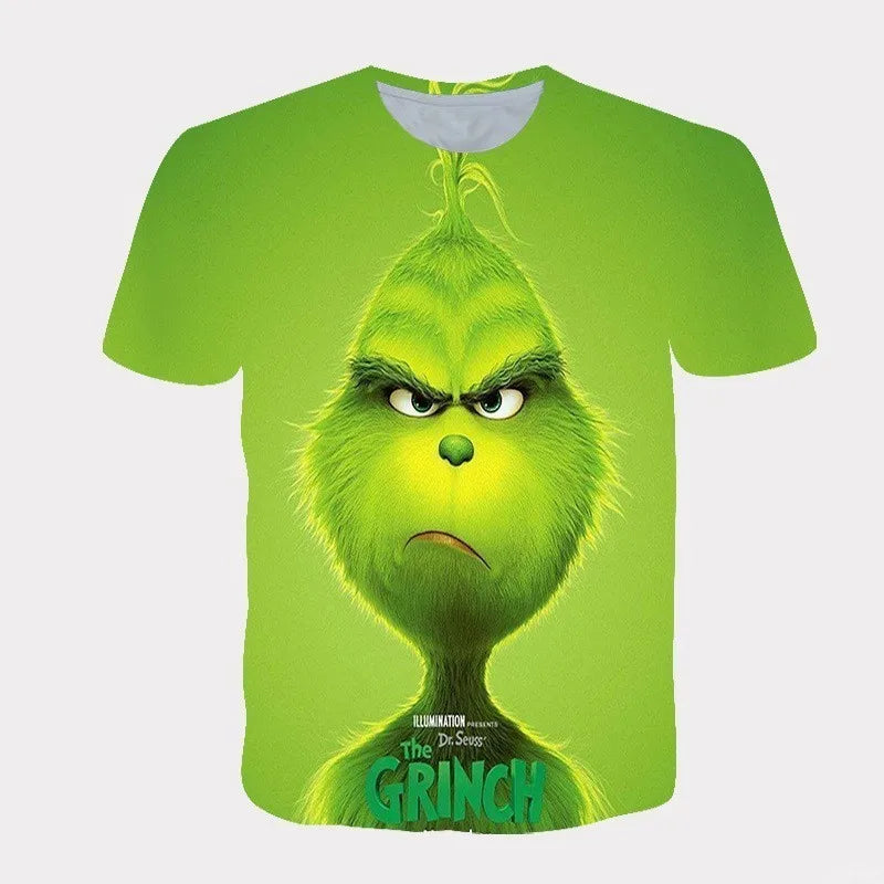 Cross Border New 2025 Christmas Cartoon Green Fur Monster 3D Printed Men's T-shirt Short Sleeved Christmas Grinch
