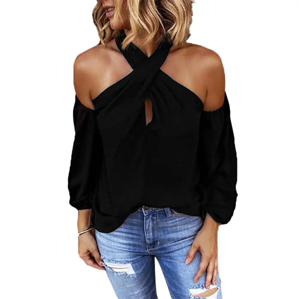 Women Camis Solid Color Long Sleeve Tanks Sexy Halter Off Shoulder Back Zipper Blouse Top Female Clothing For Daily Commuting