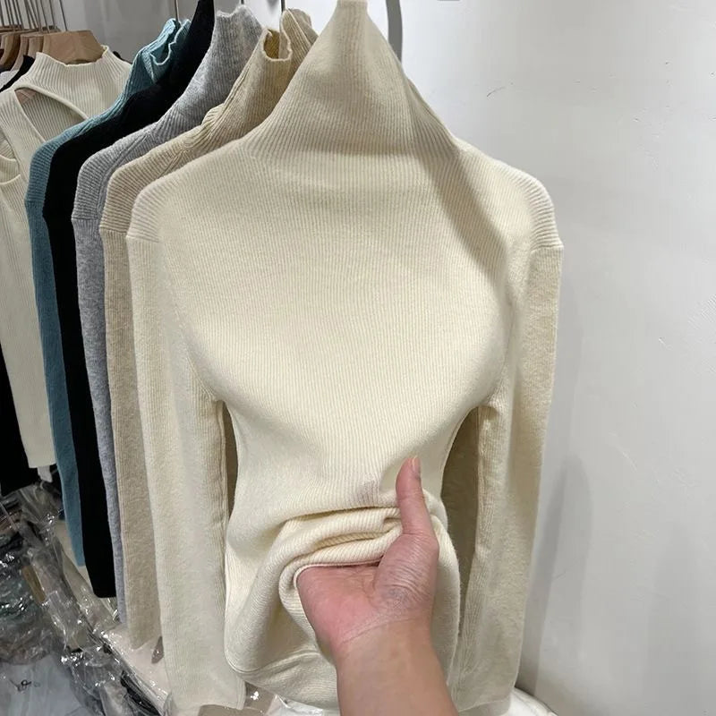 Women Knitted Ribbed Pullover 2025 Autumn Winter Sweater Sweater Long Sleeve Turtleneck Slim Jumper Soft Warm Pull Femme Tops