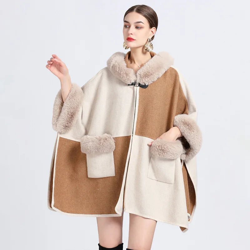 Contrast Color Winter Women Faux Fur Collar Loose Cape Outstreet Wear Warm Thick Poncho Cardigan Lady Coat With Hat Pocket