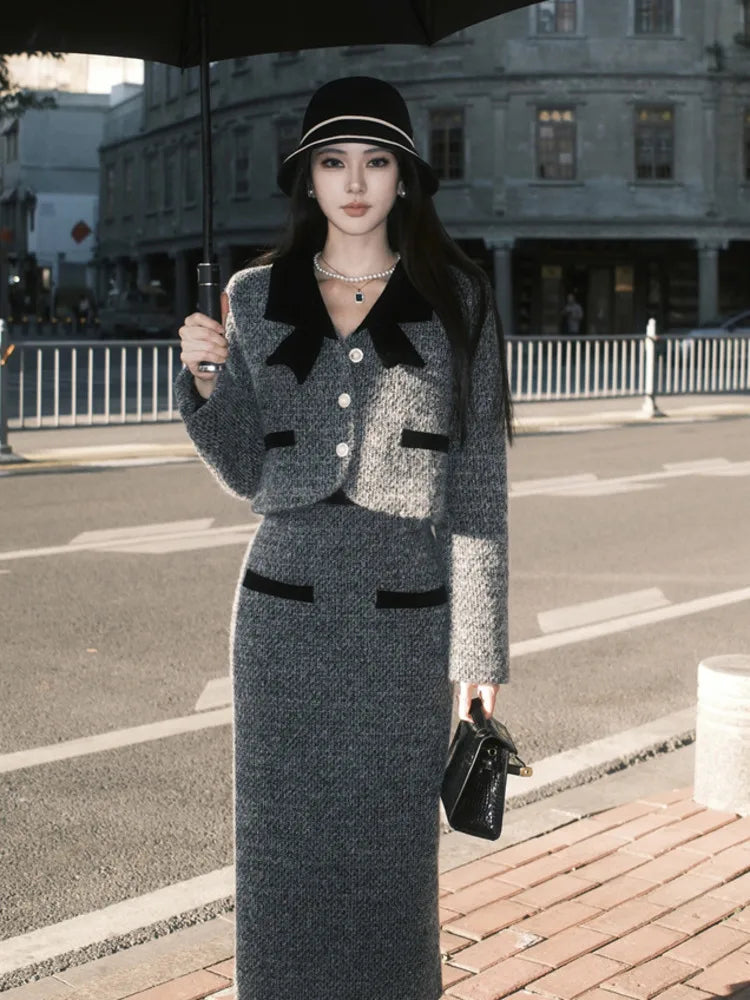 Winter Outfit Women 2024 New Elegant Lady Thickened 2 Pieces Sets Women Sweet Fashion Short Coat High Waist Long Skirt Suits