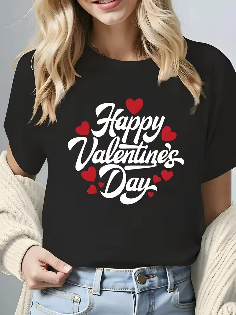 Valentine's Day Ladies Printed T-Shirt Machine Washable Breathable Comfortable Material Casual Love Theme Top for Women