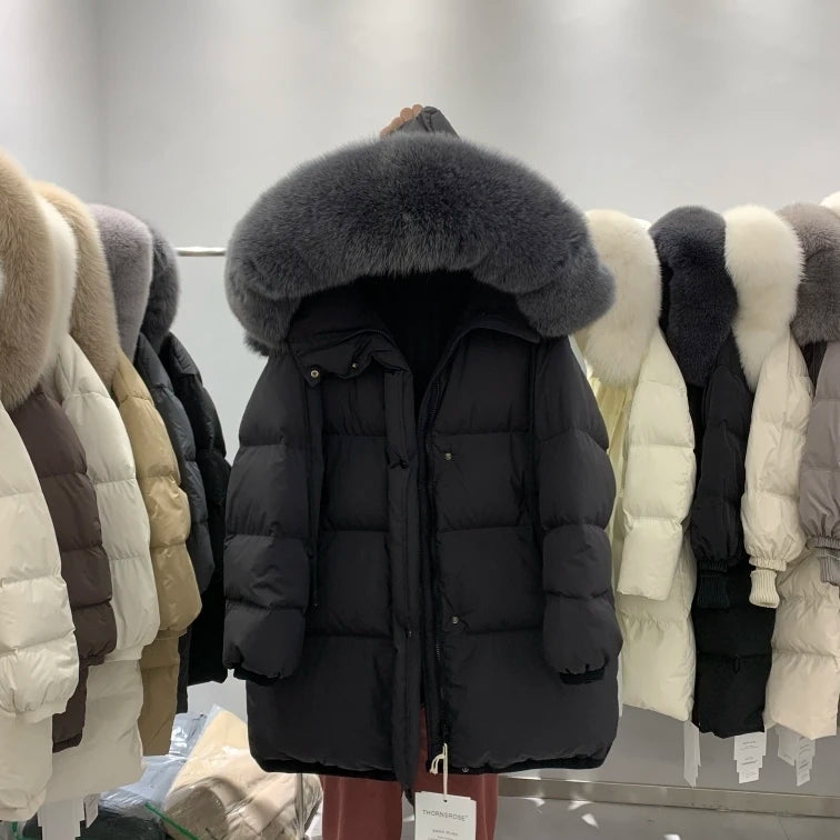 Winter Clothes for Women New 90 White Duck Down Thick Warm Gutless Long Down Coats Fox Big Fur Collar Casual Loose Hooded Parka