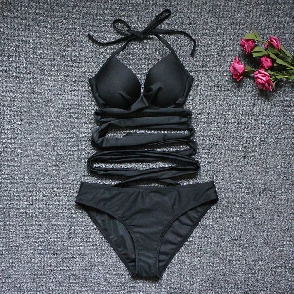 2024 new Cross strap  Swimwear Women Low Waist swimsuit  Push Up Padded bikini set Sexy beachwear bathing suits Monokini bikini