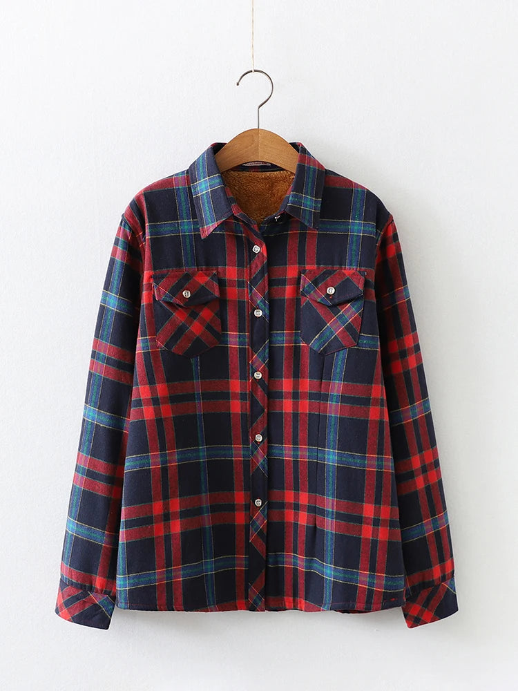 Velvet Thick Warm Women's Plaid Shirt Female Long Sleeve Tops M-5XL Winter Fleece Casual Check Blouse Autumn Clothes T77710A