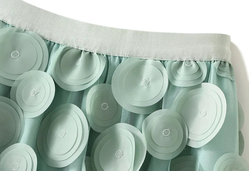 Autumn Winter 3D Circular Applique Mesh Long Skirts 2024 Korean Fashion Hepburn Style High Waist A-LINE Skirt