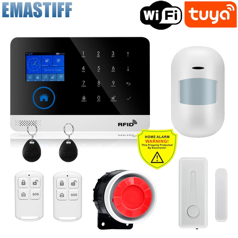 Wireless Tuya APP SIM GSM Home RFID Burglar Security LCD Touch Keyboard WIFI GSM Alarm System Sensor kit Russian,Spanish Voice