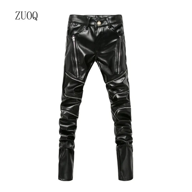New Winter Men Skinny Biker Pu Leather Pants High Street Fashion Motorcycle Trousers for Male Stage Club Wear