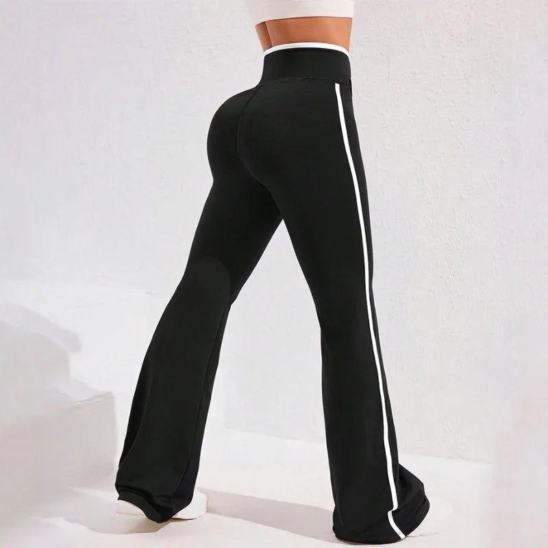 Side Stripe Flared Yoga Pants Women Cross Waist High Rise Butt Lifting Wide Leg Outdoor Slim Fit  Wicking Sportswear