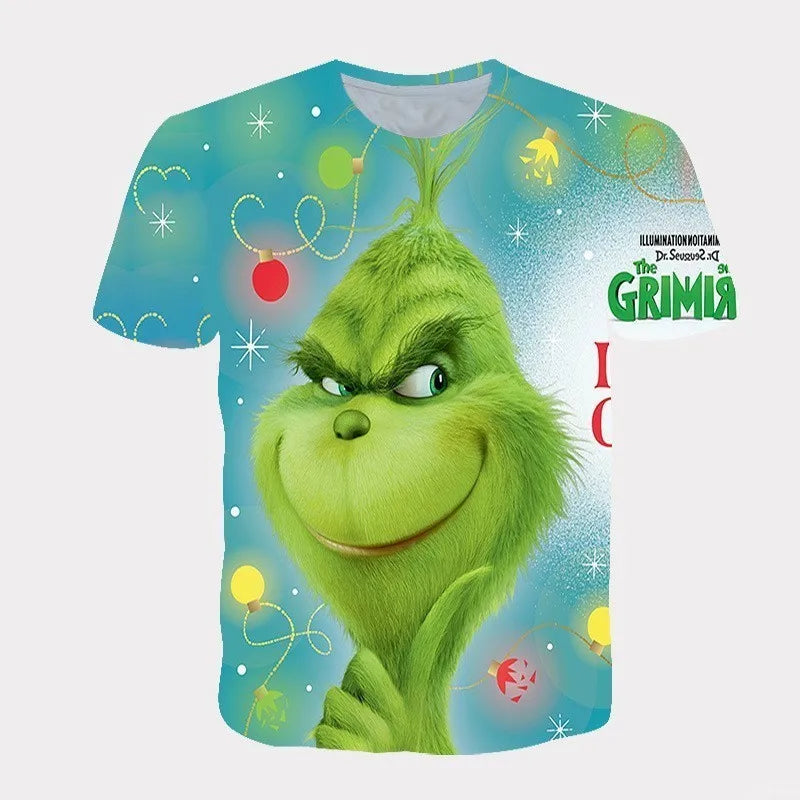 Cross Border New 2025 Christmas Cartoon Green Fur Monster 3D Printed Men's T-shirt Short Sleeved Christmas Grinch