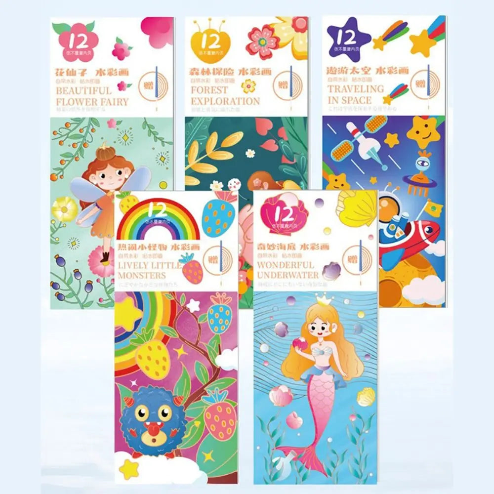 New 12 Pages Watercolor Coloring Book DIY Handcrafted Coloring Painting Book Portable With Painting Brush Mini Paint Pad Gift