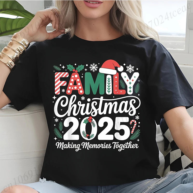 Women T-Shirt Family Christmas 2025 Print Tops, Making Memories Together Tee, Santa Hat Shirts,Unisex Fun Matching Holiday Tops