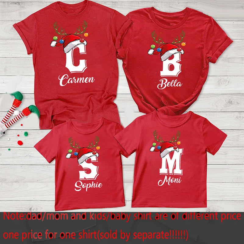 Personalized Christmas Family Matching Clothes Initial with Name Mom Dad Daughter Son Baby Tops Shirt Holiday Girl Boy T-shirt