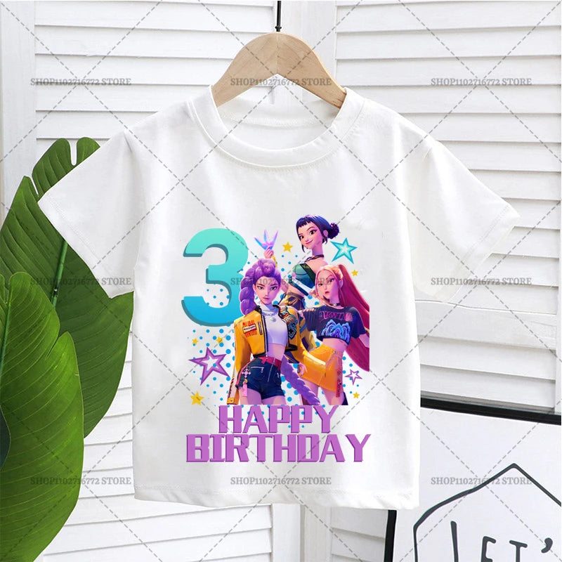 Cartoon Huntrix Number T-shirt Cute Birthday Top Girl Tee Summer Short Sleeve Cotton Boutique Child Clothing Kpop Demon Hunters