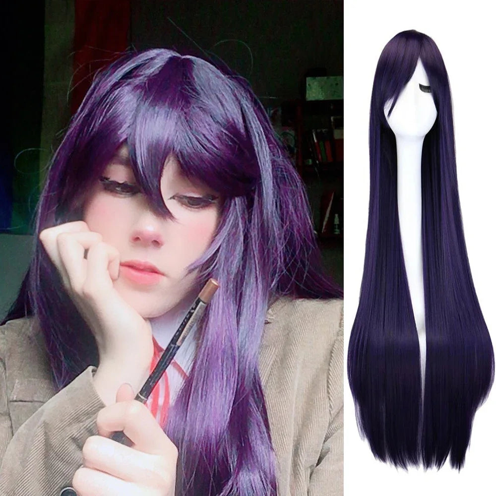 QQXCAIW Long Straight Cosplay Wig Black Purple Black Red Pink Blue Dark Brown 100 Cm Synthetic Hair Wigs